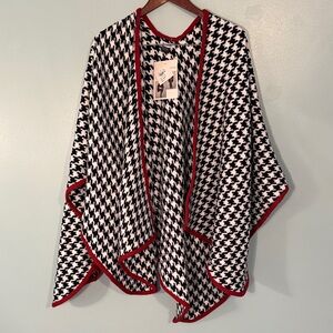 NWT Stylish Black and White Houndstooth Cape with Red Trim